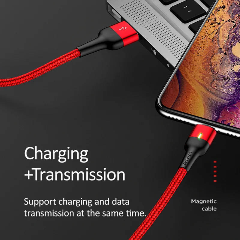 USAMS شاحن المغناطيسي المصغّر usb كابل ل Xiaomi هواوي شاحن هاتف محمول يعمل بنظام تشغيل أندرويد مع مصباح ليد سريع شحن المغناطيس مايكرو كابل يو اس بي