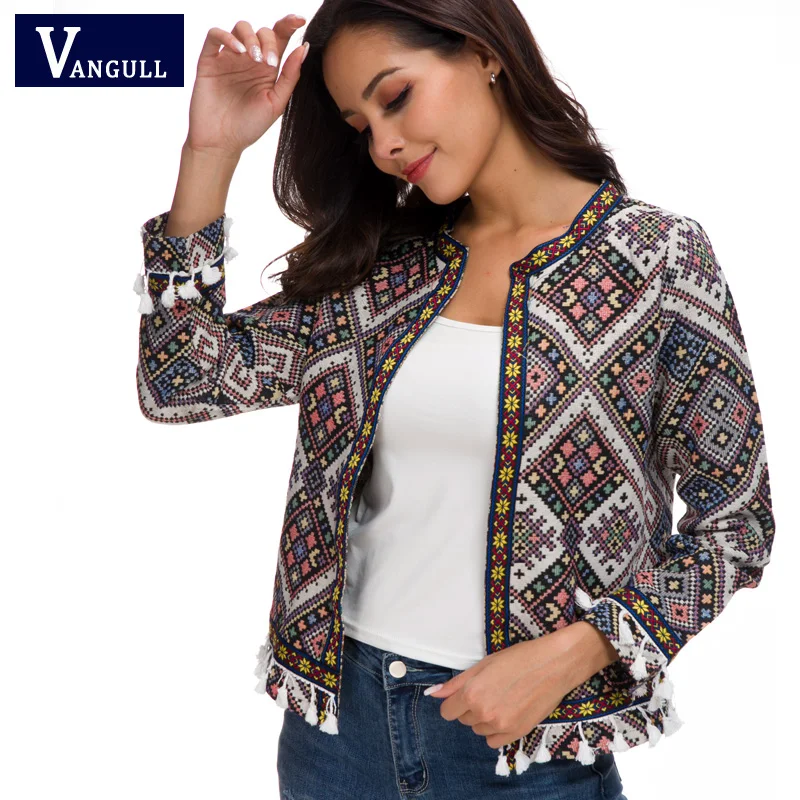 VANGULL النساء معطف 2019 جديد الأزهار الربيع يا الرقبة طويلة الأكمام شرابة سترة للمرأة الخريف جاكيتات التطريز بوهو المرأة قمم