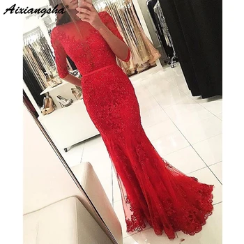 

Red Muslim Evening Dresses 2019 Mermaid Half Sleeve Lace Beaded Backless Islamic Dubai Saudi Arabic Long Evening Gown Prom