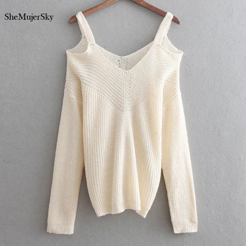 SheMujerSky Для женщин Cold Shoulder Sweater Спагетти ремень Модные пуловеры 2018 однотонные вязаные свитера
