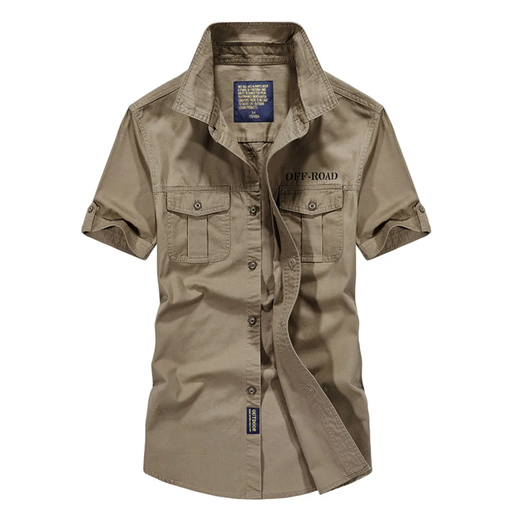 Camisa masculina camisas hombre, мужские повседневные топы с коротким рукавом и вышитыми карманами в стиле милитари, чистый цвет, мужская рубашка - Цвет: Хаки