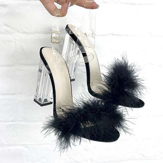 clear heels with fur