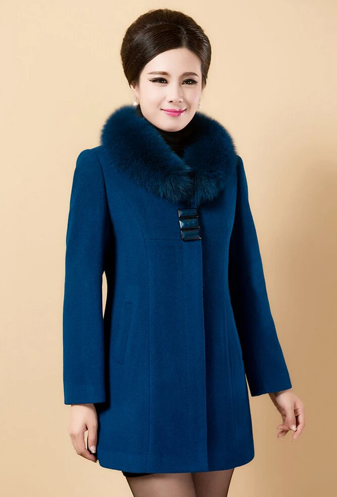Для женщин зимнее пальто корейской моды Стиль лиса меховой воротник одноцветное Цвет карманы с длинным Размеры Знатная Дама шерстяное пальто