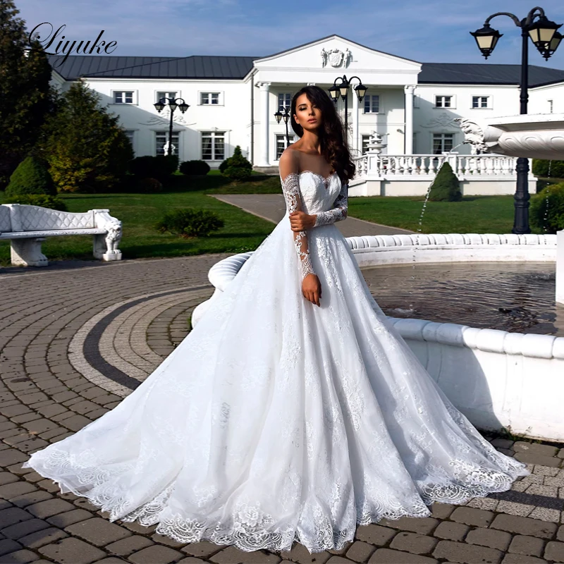 

Liyuke Elegant Lace Backless Design Strapless A-Line Wedding Dress With Beading Sash Off The Shoulder Wedding Gown