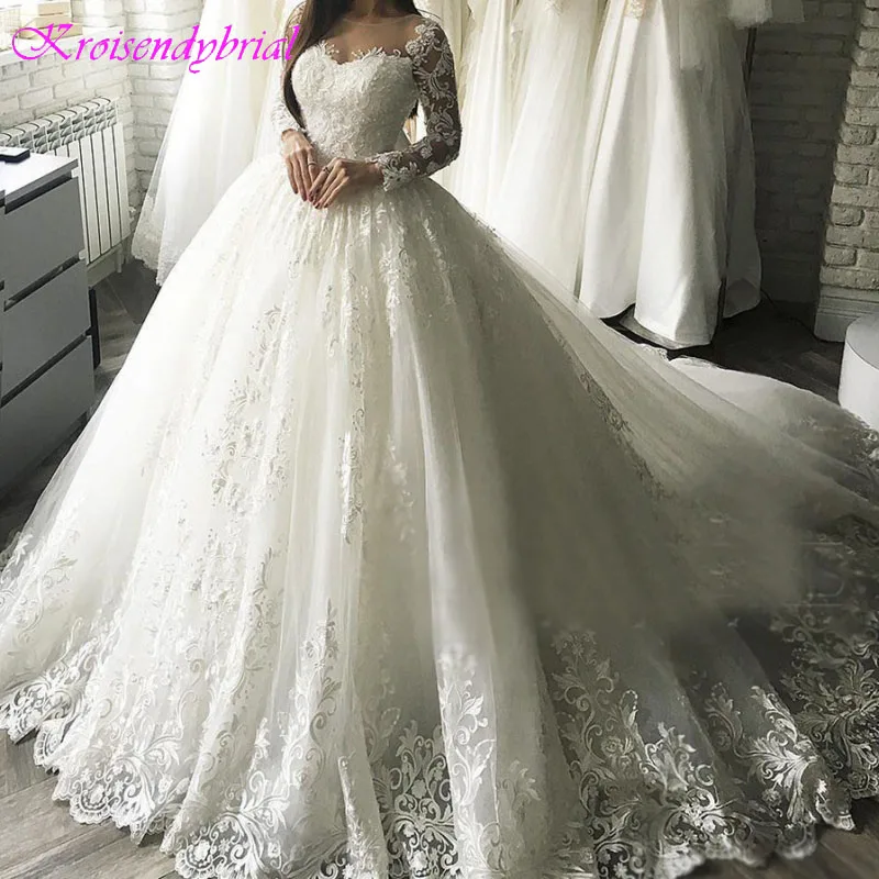 

DZW746 Luxury Wedding Dress 2019 Long Sleeves Lace Appliques Tulle Ball Gown robe de mariage Vestidos De Noiva longo bridal gown
