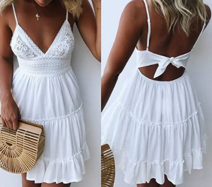 

2019 Summer Dress Women Fashion White Spaghetti Strap Bow Dresses Sexy Women V-neck Sleeveless Backless Dress A131