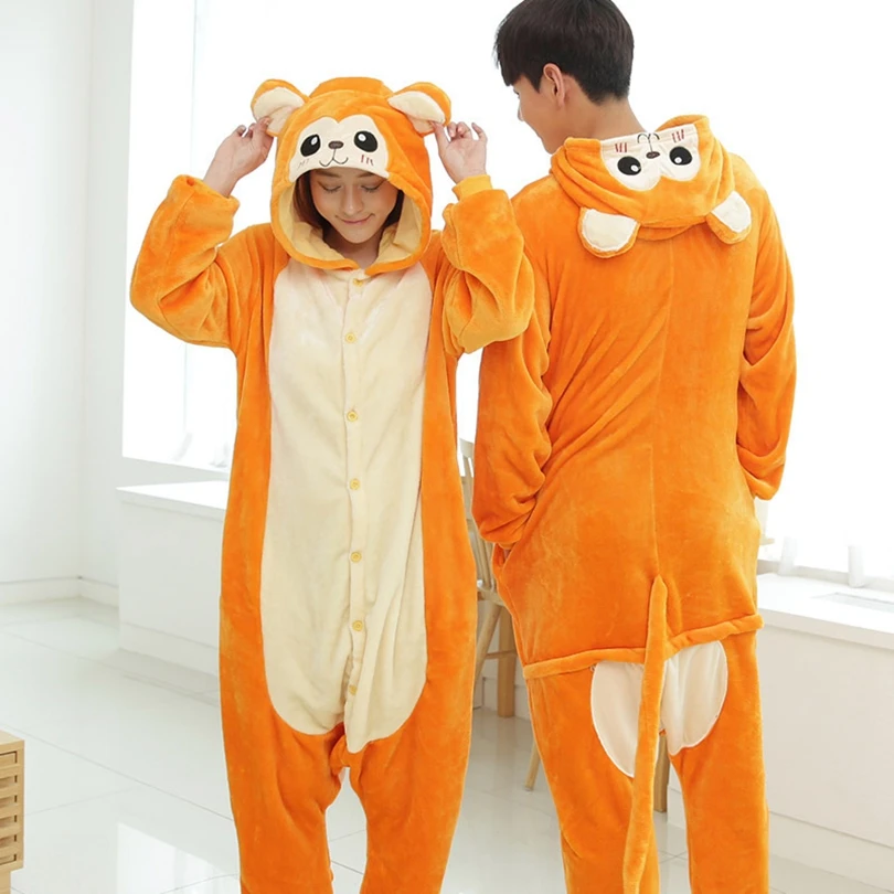 

Orange Monkey Animal Cosplay Costume Onesie Hoodie For Adult Women Men Halloween Holiday Party Flannel Full Length
