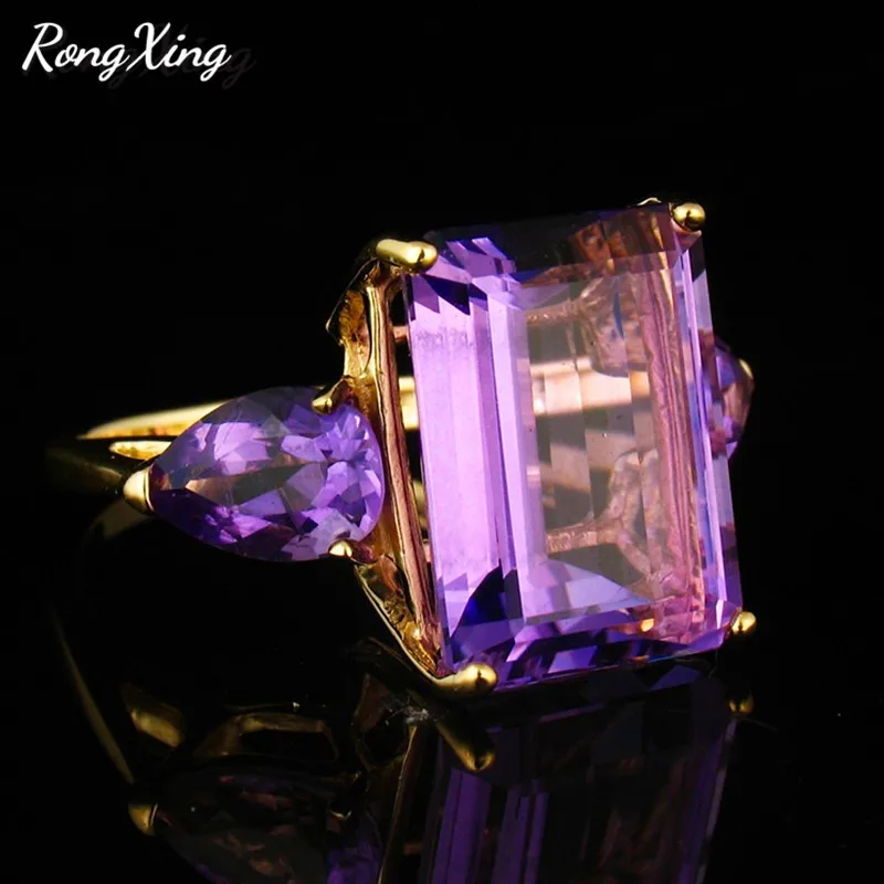 RongXing великолепные кольца с большим камнем, квадратным фиолетовым камнем для женщин, желтое золото, заполненное AAA, капля воды, циркониевое кольцо на палец, подарки