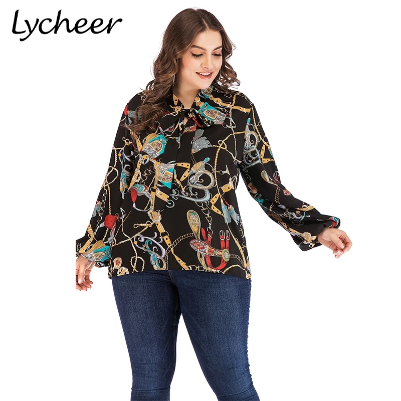 

Lycheer Plus Size Chain Print Blouse Shirt Womens Tops Elegant Bow Tie Lantern Sleeve Shirt Top Female Big Size Blouse 2019