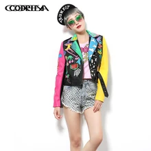 Европа Америка Женская мода Граффити принт искусственная кожа куртка пальто Turn-Down воротник PU мотоциклетная Панк Сексуальная короткая верхняя одежда