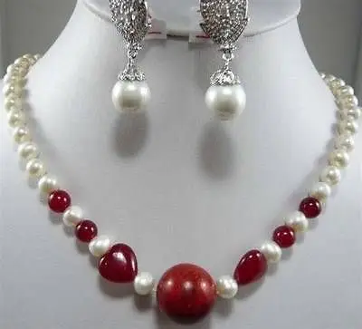 

FREE SHIPPINGWhite pearl& Ruby Necklace Shell Earring Set BV74 (A0513)