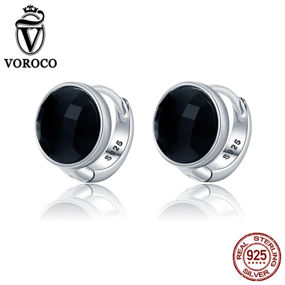 Voroco Аутентичные стерлингового серебра 925 Круглый Chic Черный агат камень Серьги