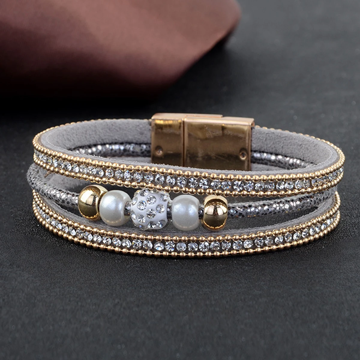 Vintage Fashion Women Bracelet Jewelry Leather Multilayer Luxury Full Crystal Beads Bracelets Punk Charm Magnetic Bangle Cuff