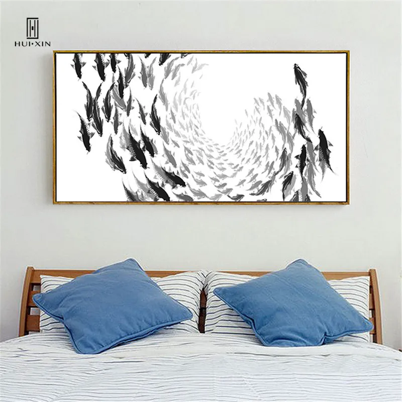 HD Painting with Chinese Waterink Style Fish in Incomplete Circle Expressing Ancient Eastern Wisdom Modern Minimalism for Decor