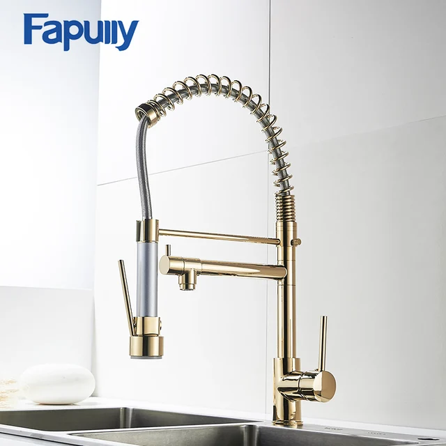 Cheap Fapully Gold Kitchen Faucet Sprayer Single Handle 360 Degree Rotating Cold Hot Water Mixer Sink Tap 