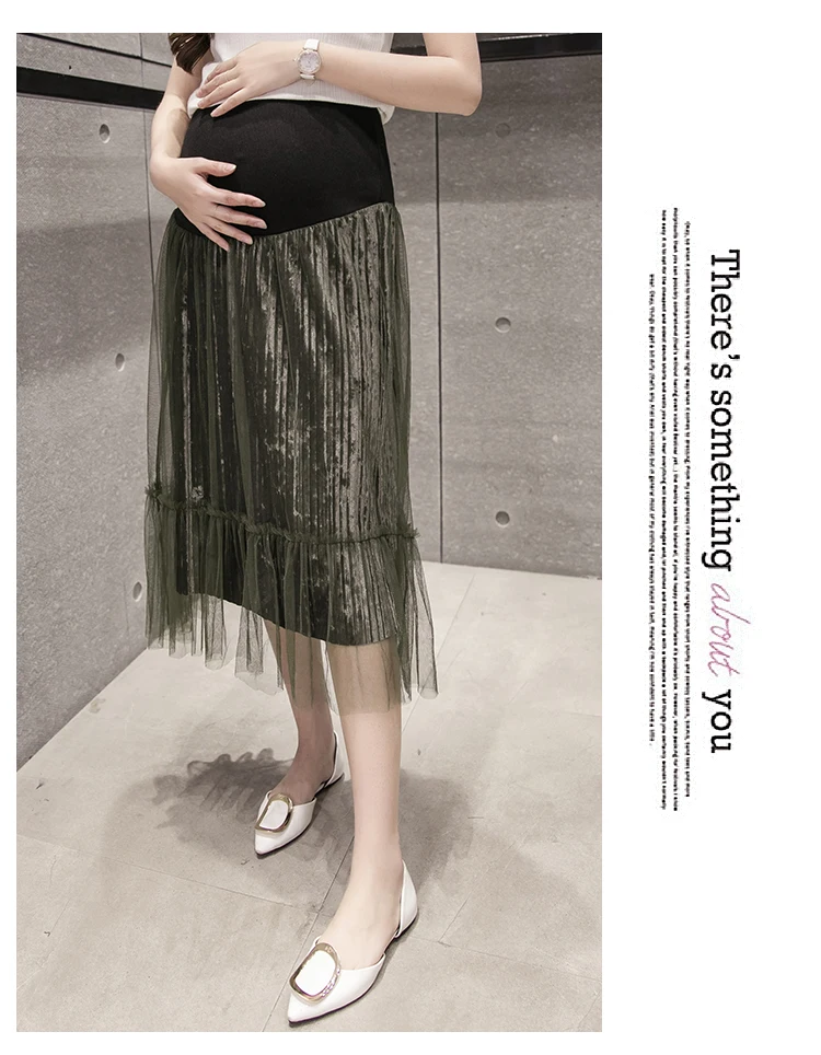 Модная женская одежда юбка для беременных гофрированный с сеткой элегантное платье для беременных корейские Бархатные Черные осенне-зимние юбки до середины икры