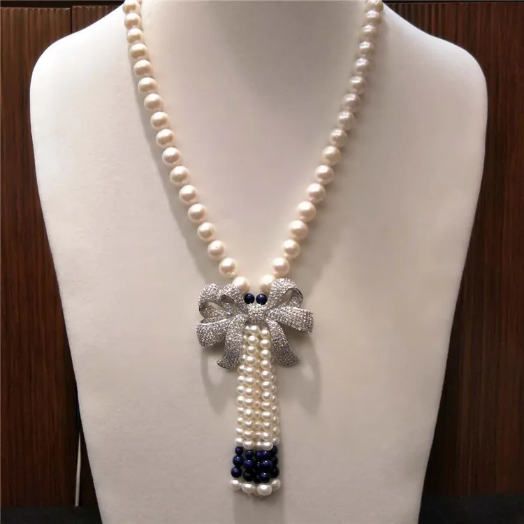 

hot sell natural 9-10mm white freshwater pearls Lapis lazuli bowknot accessories long necklace sweater chain fashion jewelry