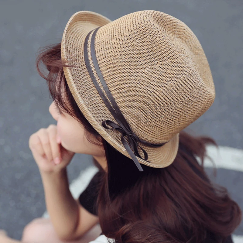 

Summer Beach Sun Hats Sunscreen Straw Hat Men Women Panama Mesh belt top Caps Jazz Fedora Linen Curled Topper