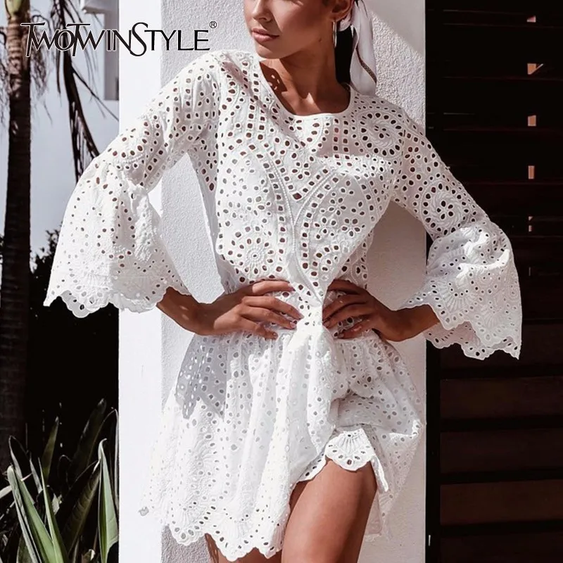 TWOTWINSTYLE Sexy Mini Lace Dresses Women Flare Sleeve Hollow out Beach Summer Dress Female Casual Clothes 2018 New Plus Sizes