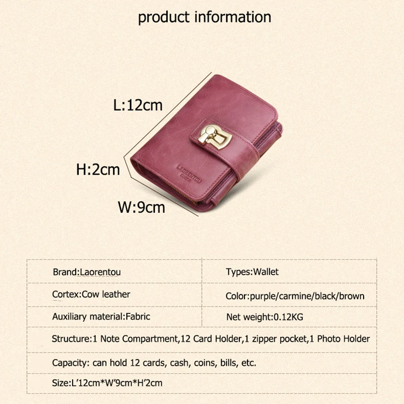 LAORENTOU Brand Women Standard Wallet Genuine Leather Wallets Fashion Short Zipper Purse Lady Coin Pocket Card Holder for Women