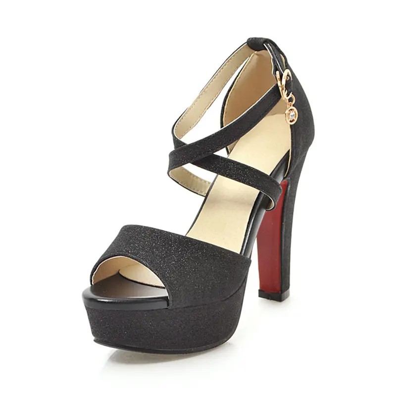 Fanyuan/шикарные женские босоножки женская летняя обувь свадебные туфли с открытым носком женские блестящие туфли на высоком каблуке с перекрестной шнуровкой и пряжкой - Цвет: Black