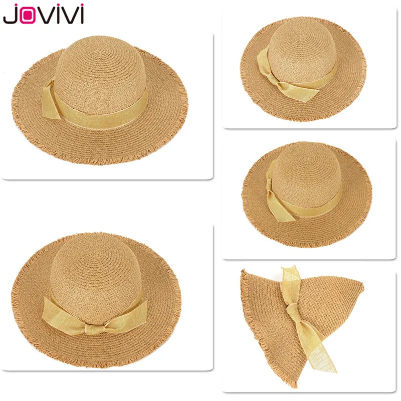 Jovivi Новинка 1 шт. женские солнцезащитные пляжные шляпы Широкий Бант края соломенная широкополая шляпа складывающаяся Кепка шляпа от солнца UPF 50+ хаки/бежевый/розовый/синий цвет