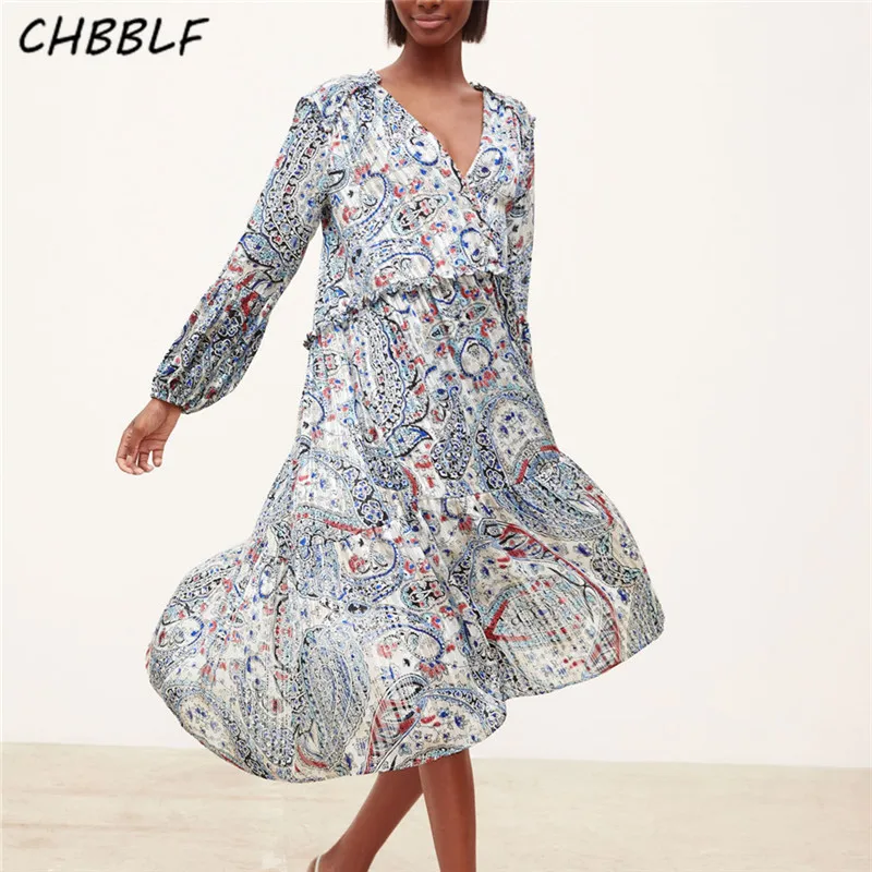 

CHBBLF women mid calf chiffon pleated dress V neck lantern sleeve casual midi dresses print vestidos C9642