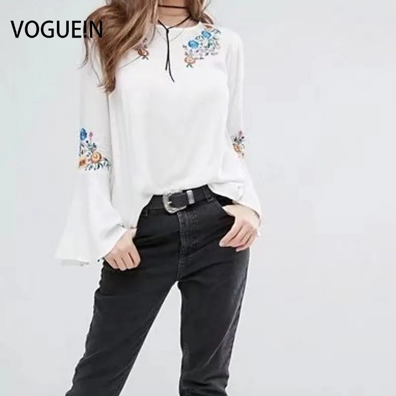 

VOGUEIN New Womens Floral Embroidered Trumpet Sleeve Back Buttons White Blouse Tops Shirt Size SML Wholesale