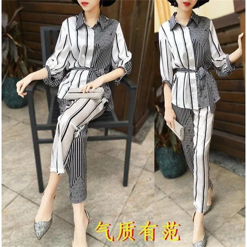 Spring Striped 2 Piece Set Women Office Lady Two Outfits Conjunto Feminino Ensemble Femme Deux Pieces Woman Suit | Женская одежда