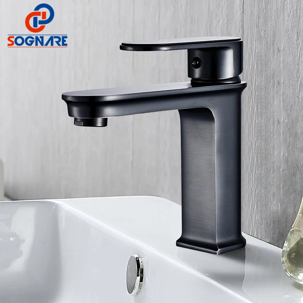 SOGNARE 1set Brass Body Bathroom Basin Faucet Single Handle Bath Sink Tap Deck Mounted Cold and Hot Water Mixer Sink Faucet Tap 