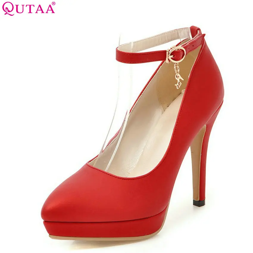 

QUTAA 2018 Women Pumps Fashion Thin High Heel Pointed Toe Buckle Fashion Platform All Match Ladies Wedding Pumps Size 34-43