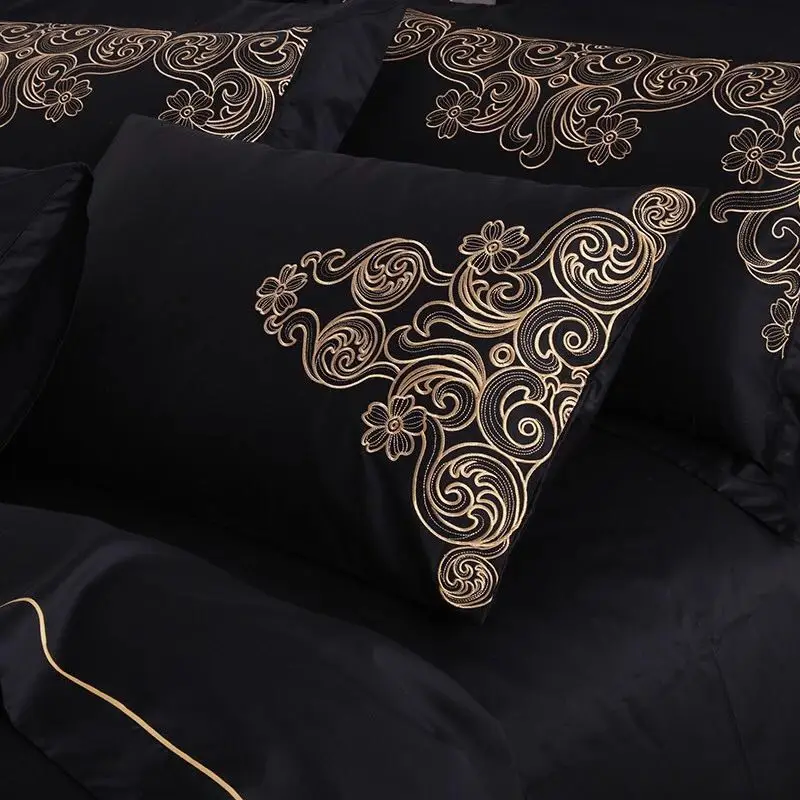 أسود goldern الفاخرة الملكي طقم سرير الملك الأوروبية تحية لحاف حرير غطاء القطن التطريز ديكور غرفة نوم الملكة حجم طقم سرير