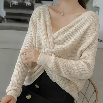 

NEW V-Neck Knotted Halter Long Sleeve Sweater Women Sexy Twisted Jumpers Pullovers Ladies Tops Knitted Sweaters Pull Femme