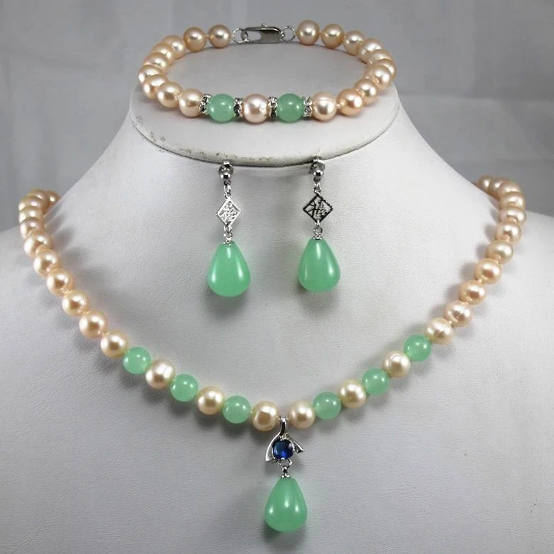 

New Women's Design Yellow Pearl Red/Green Pendant Necklace Bracelet Jewelry Set AA2656