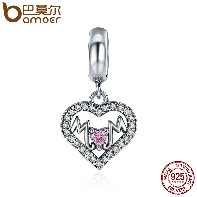 

BAMOER Pure 100% 925 Sterling Silver Sweet Heart to MOM Pendant Charm fit Women Charm Bracelet Beads Jewelry Mother Gift SCC392