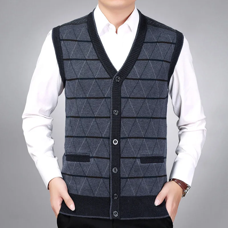

Autumn Winter Men's Casual Sleeveless Single Breasted Wool Cardigan Computer Knitted Thick Warm Male Sweater Size M L XL XXL