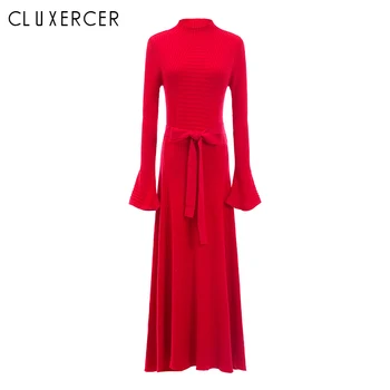 

Elegant Autumn Winter Red Sweater Dress Women O Neck Long Sleeve A Line Thick Knit Maxi Dress Female Girl Long Bodycon Dress