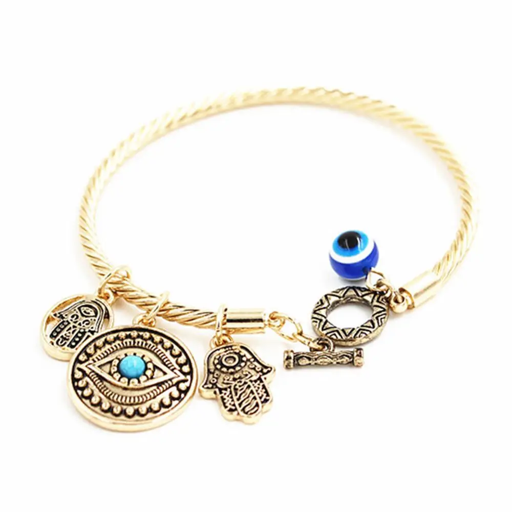 

Hamsa Charm Bangle Bracelet GOLD BLUE Protect Hand Evil Eye Protection Jewelry