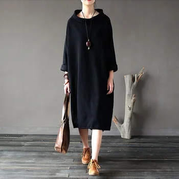 

2017 New Fashion Spring Autumn Dress 100% Cotton Women Dress Loose Fleece Thickening Turtleneck Long-sleeve Long Robe