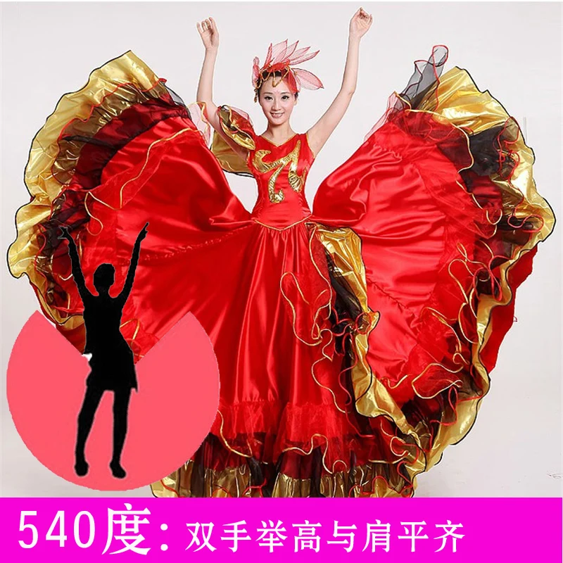 Новое открытие танцевальные платья представление большое свободное платье костюм испанское фламенко полная юбка взрослый женский сценический костюм H570 - Цвет: Red540