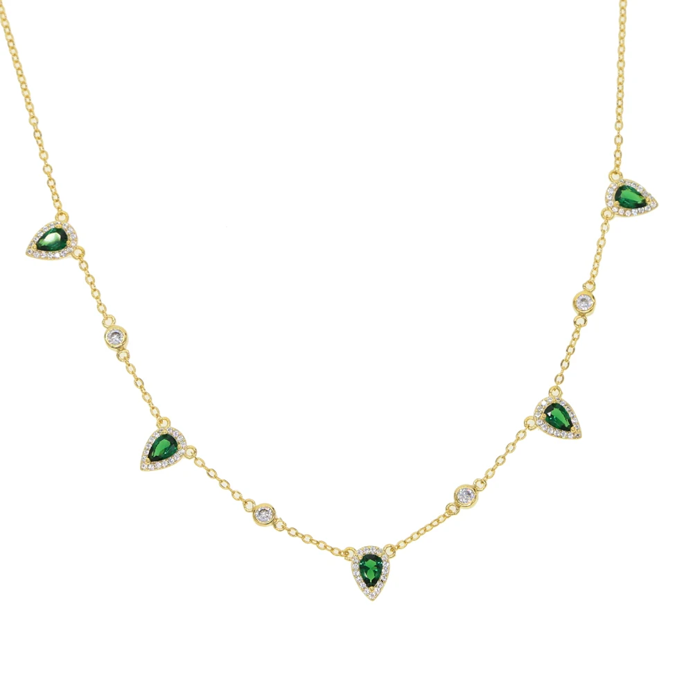 Gold color fashion women lady jewelry green cubic zirconia tear drop cz charm choker collar necklace