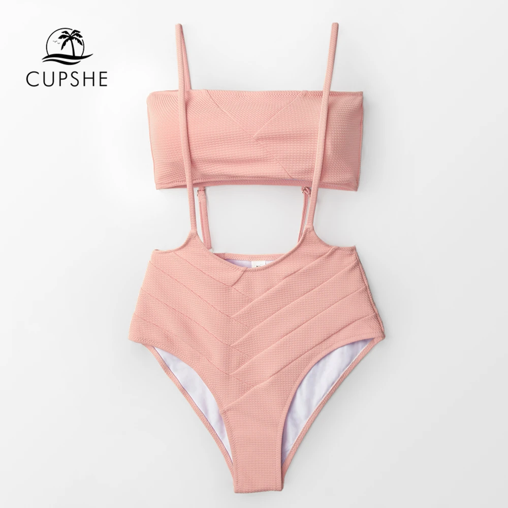Kaufen CUPSHE Rosa Bandeau Hoher taille Bikini Sets Frauen Solide Zwei Stück Badeanzüge 2020 Mädchen Klar Strand Badeanzüge Bademode