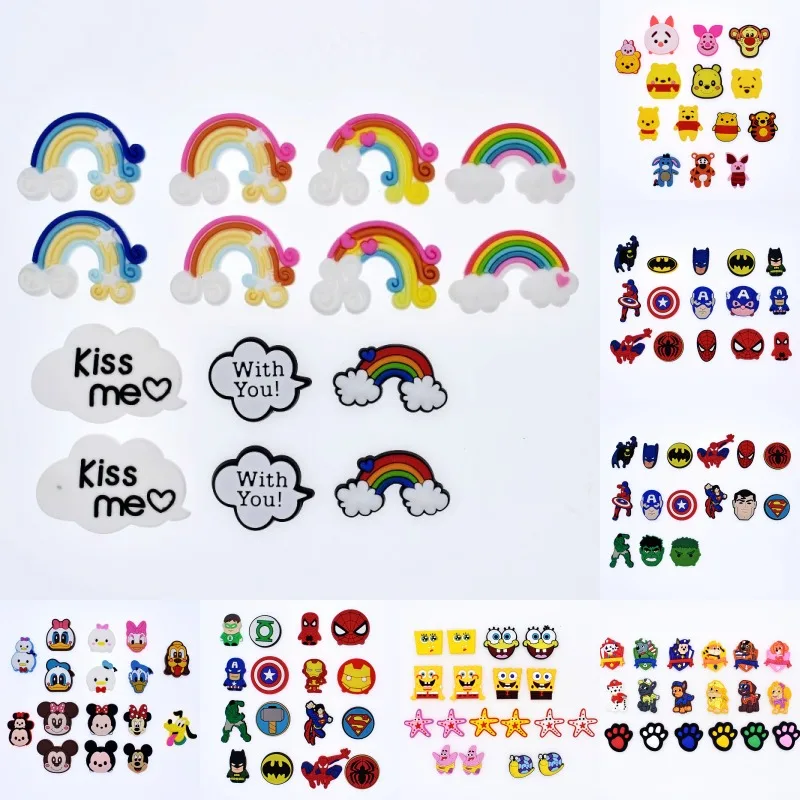 

Rainbow Clouds Bear Hero Cute Ducks Spongebob Guard Dogs Paws Soft PVC Decoration For Croc Sandals Bracelet Souvenir Gifts