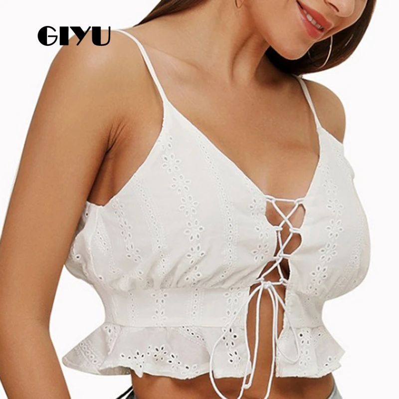 

GIYU Summer Camis Sleeveless Skinny Ruffles Crooped Women Sexy Lace Up Short Strap Tops Female crop top debardeur femme 2019