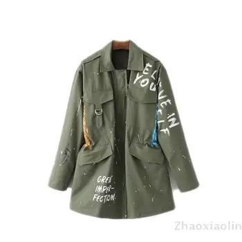 

Casaco Feminino Real Trench Coat 2019 Spring New Women's Windbreaker Decorative Letters For Graffiti Long Casual Women