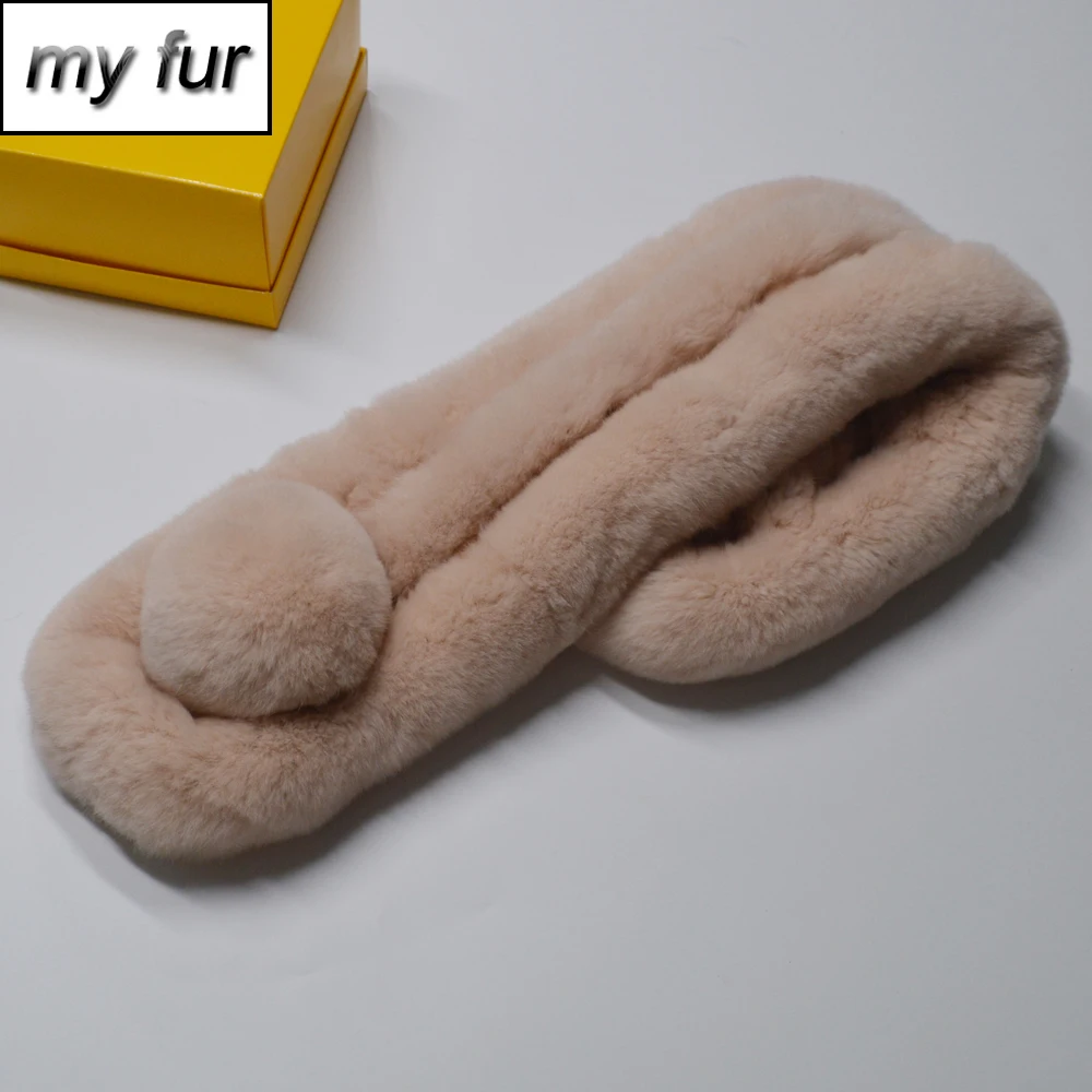 

100% Natural Rex Rabbit Fur Ring Scarves For Women Winter Knitted Real Fur Scarf New Fluffy Collar Warm Neck Fur Pompoms Muffler