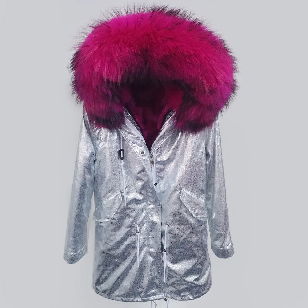 Новая парка красивые розовые меховые пальто зимняя кожаная куртка пальто серебряного цвета женская верхняя одежда из меха енота с капюшоном короткая/длинная парка