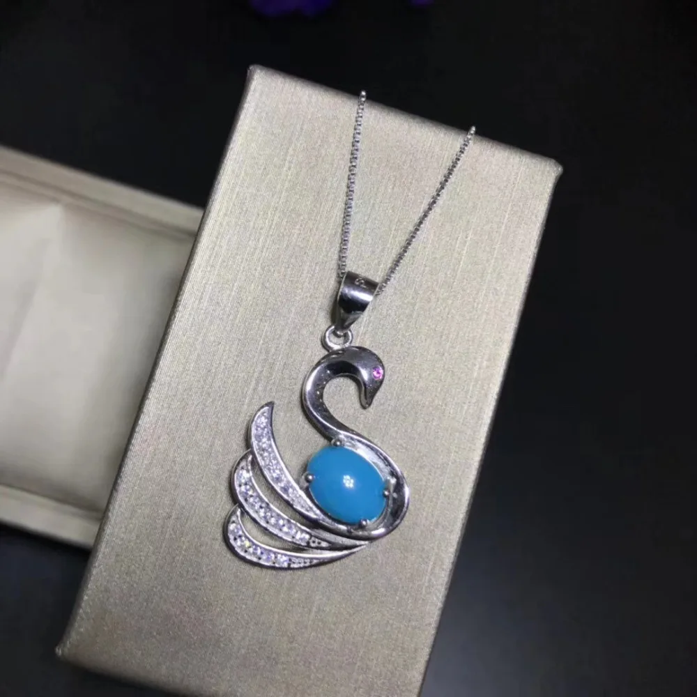 Naturel bleu turquoise à la mode mignon cygne pendentif pierre naturelle pendentif collier S925 arg