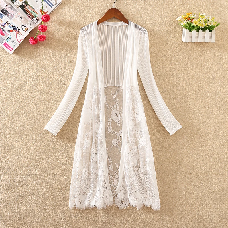 Женская кружевная куртка с длинным рукавом тонкий кардиган средней длины