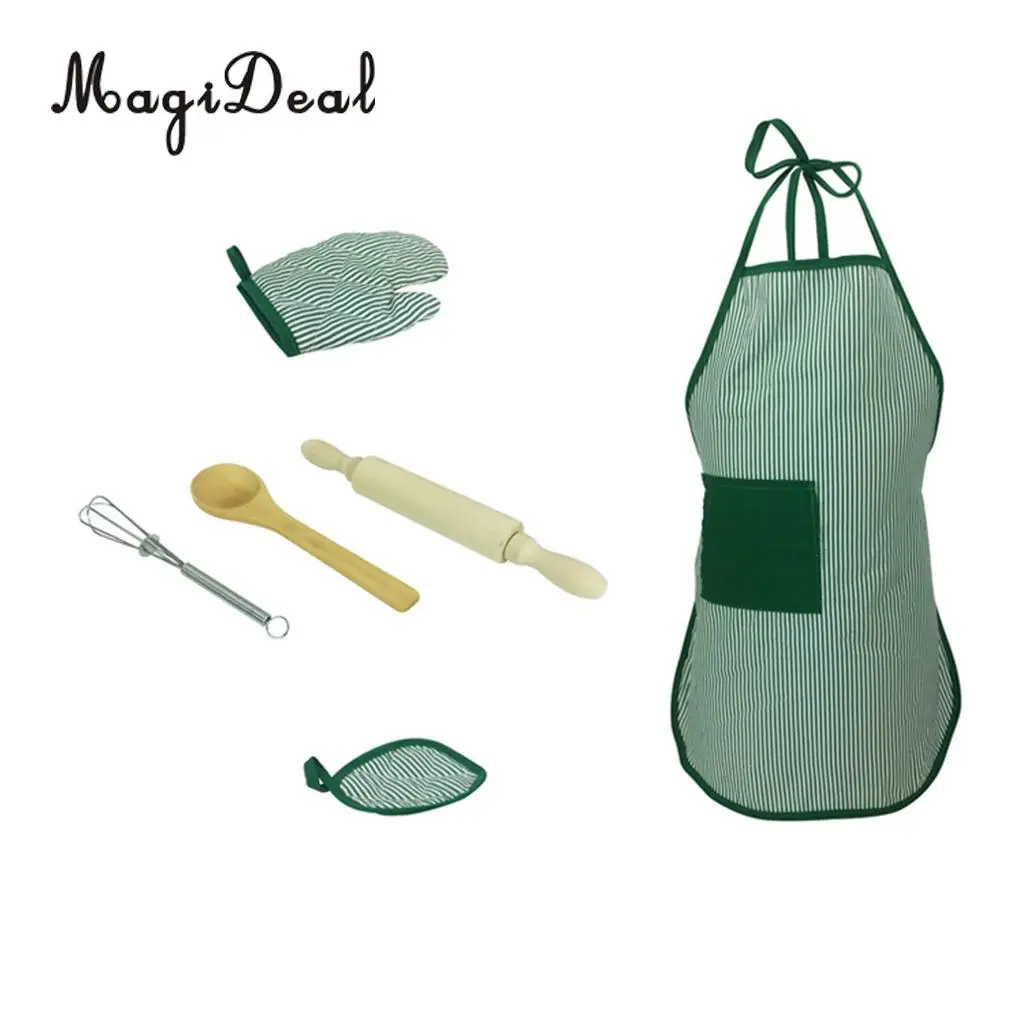 Kitchen Cooking Set, Baking Cake Food Toy Kids Apron & Chef Glove set, Whisk Rolling Pin Tool Utensils Pretend Play Game